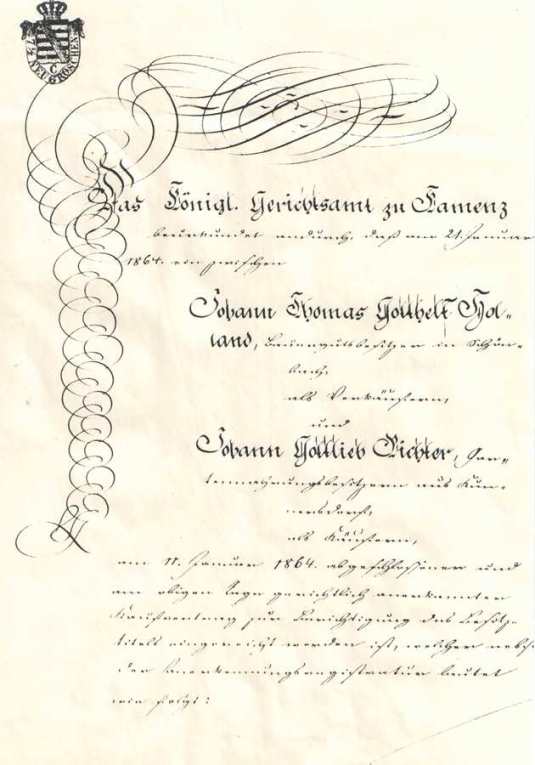 Johann Gottlieb Richter Cunnersdorf/ Schönteichen, Kaufurkunde von 1864