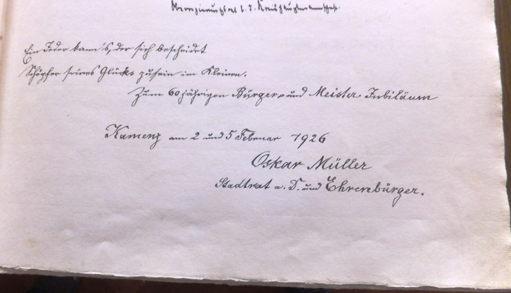 Familienforschung Oberlausitz: Eintrag im  Goldenen Buch der Stadt Kamenz von Emil Oskar Müller 1926