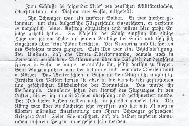 Brief (Ausschnitt) des dt. Miltärattaches in Sofia, Oberstleutnant von Massow, zur Tätigkeit Kurt Müllers in Bulgarien und seinem Absturz im Jahr 1915.