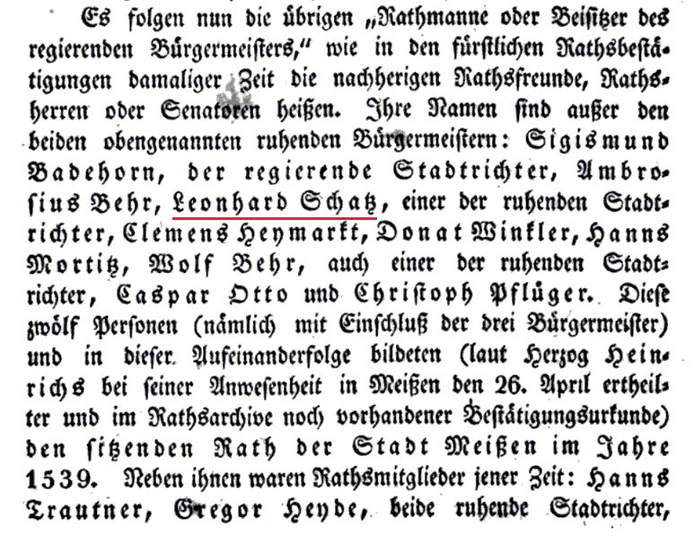 Familienforschung Meißen: Leonhard Schatz, Rathsmann und Stadtrichter von Meißen in Sachsen.